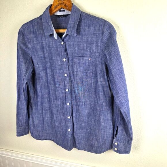Tommy Hilfiger Women's Classic Fir Blue Button-Up Roll Tab Denim Shirt Sz Large - Picture 5 of 8
